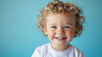 Naklejka premium Portrait of a smiling cute boy with curly blonde hair on a blue background