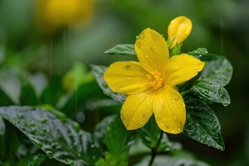 Closeup of a yellow bloom with fresh raindrops on its petals against a lush green background