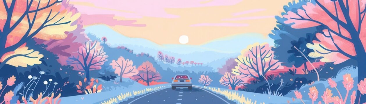 road adventure flat design front view exciting journey animation colored pastel