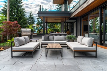 Obraz premium Surrounded by lush greenery, the luxury patio features comfortable furniture that beckons you to sit back and relax