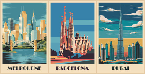 Set of Travel Destination Posters in retro style. Melbourne, Australia, Barcelona, Spain, Dubai, UAE prints. Exotic summer vacation, holidays, tourism concept. Vintage vector colorful illustrations.