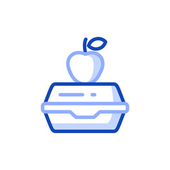 Outline vector icon of a small lunch box for school children with an apple on top. Can be used in school nutrition programs, on labels, stickers and packaging of school supplies