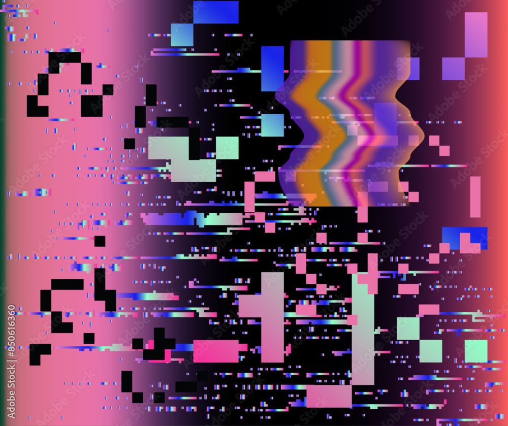 Poster Lo-fi glitched vector background with pixel rainbow ambient flickers.