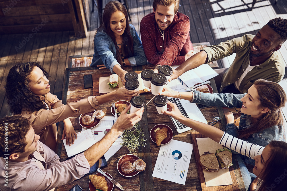 Poster Team, coffee and cheers with top view in cafe for celebration, company success and financial growth. Business people, employees and work social with toast for sales target, data analysis and profit