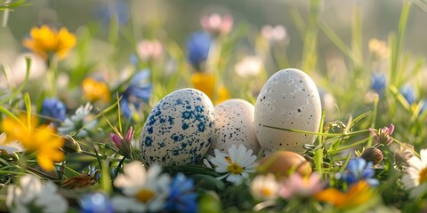 Fototapeta premium Spring Decor Artisanal Easter Eggs in a Wildflower Meadow. Concept Easter Decor, Artisanal Eggs, Spring Flowers, Meadow Setting, Handmade Crafts