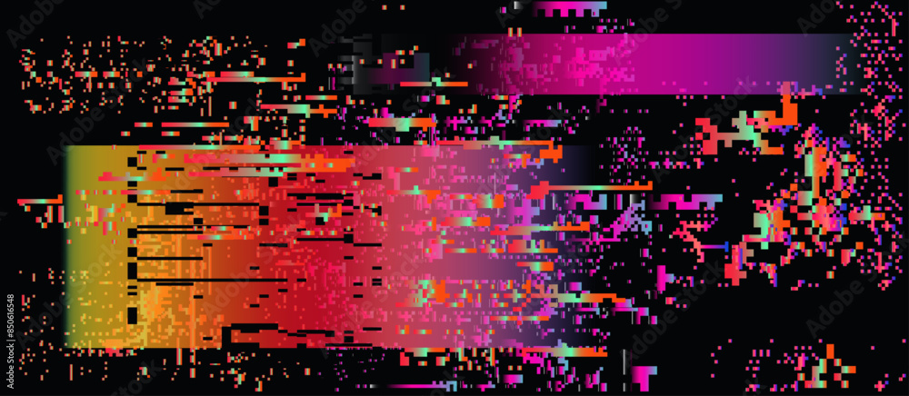 Poster lo-fi glitched vector background with pixel rainbow ambient flickers.
