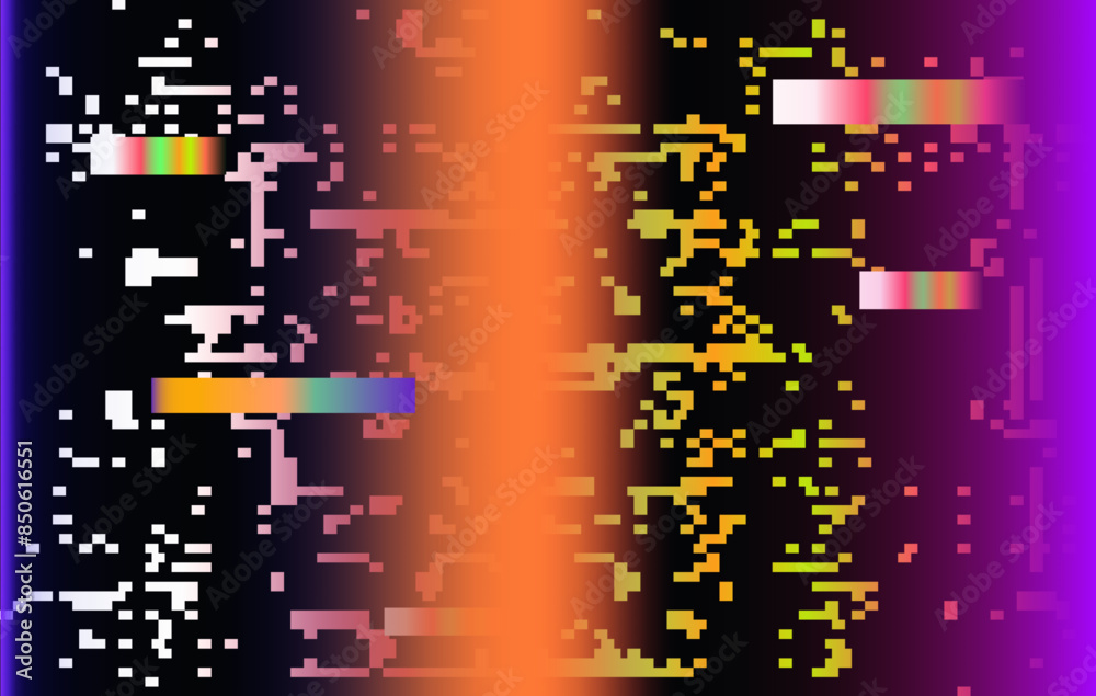Poster Lo-fi glitched vector background with pixel rainbow ambient flickers.
