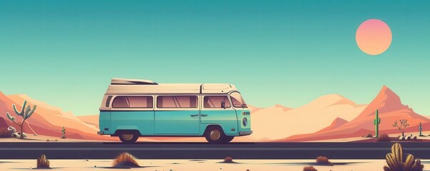 vintage road trip flat design side view desert adventure cartoon drawing colored pastel