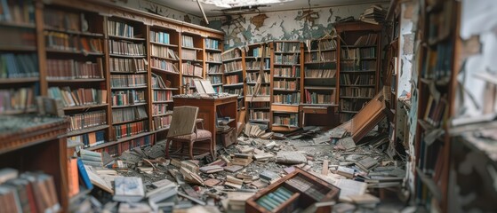 Fototapeta premium Destroyed library with books and furniture strewn about after an earthquake