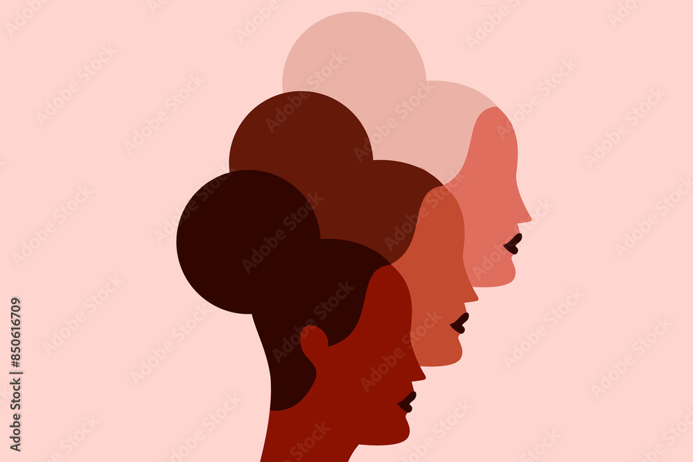 Wall mural colorful illustration of three women faces of different skin tones, colors. female heads side by sid