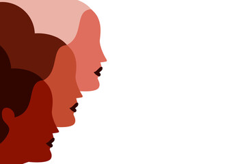 Colorful illustration of three women faces of different skin tones, colors. Female heads side by side, next to each other. Concept on diversity, inclusiveness, sisterhood on white, isolated background