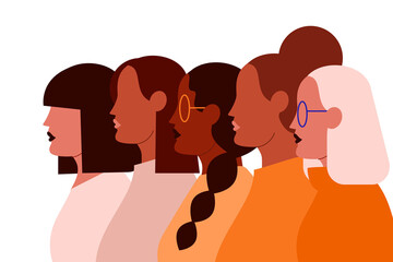 Colorful illustration of five women standing side by side. Concept on diversity and sisterhood. Portrait of multiracial female friends of different age. White background