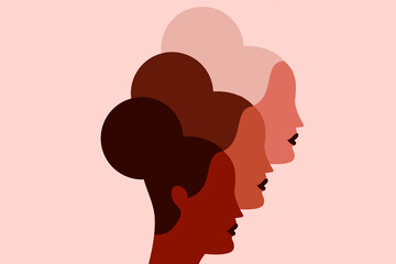 Colorful illustration of three women faces of different skin tones, colors. Female heads side by side, next to each other. Concept on diversity, inclusiveness, sisterhood on white, isolated background