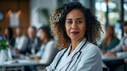 Fototapeta premium Confident female doctor in a white coat, seated in a conference room with colleagues in the background, showcasing professionalism.