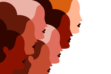 Colorful illustration of seven faces, profiles, women of different skin tones, colors. Female heads side by side. Concept on diversity, inclusiveness, sisterhood on white, isolated background