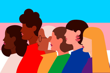 Colorful illustration of six trans women standing side by side. Concept on diversity, inclusiveness and solidarity. Portrait of girlfriends, activists on transgender flag. Women of all ages together
