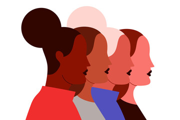 Colorful illustration of four women standing side by side. Concept on diversity, inclusiveness and sisterhood. Portrait of multiracial, diverse girlfriends together on white isolated background