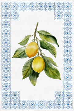 Watercolor Kitchen Lemon Poster, Pattern Tiles, Mediterranean inspired Watercolor Poster