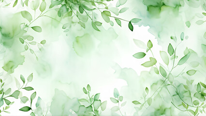 An abstract background featuring delicate green watercolor foliage, with soft leaves and branches creating a serene and natural atmosphere.