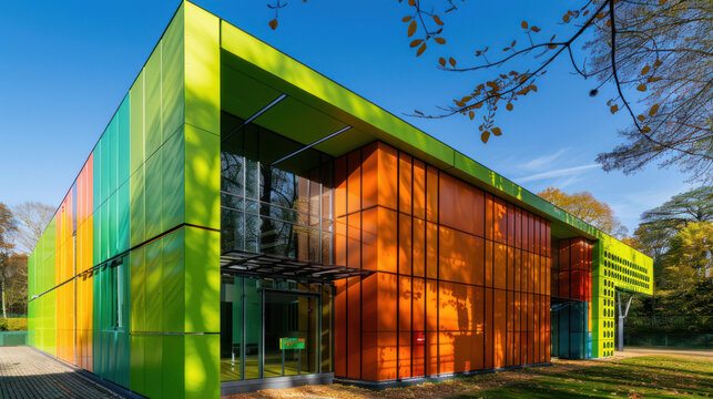 In Ronchamp, France, there's a colorful building with a metal facade painted in green and orange.