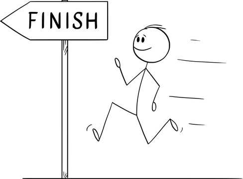 Sprinter or runner runs to finish line, vector cartoon stick figure or character illustration.
