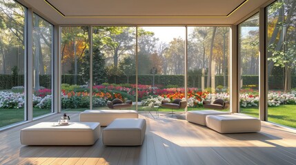 A minimalist sunroom designed with sleek, large windows and simple, elegant seating arrangements, all set against the backdrop of a beautifully maintained garden with seasonal flowers.