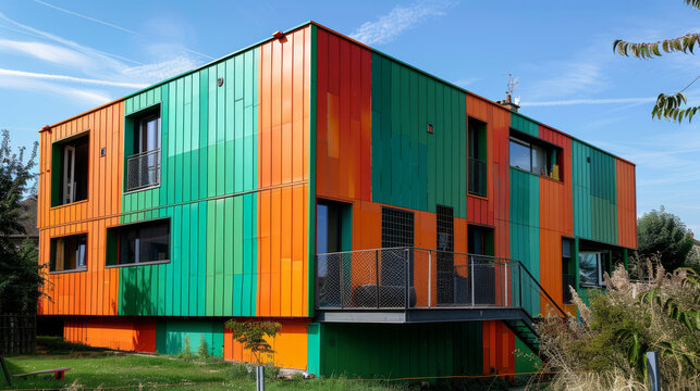 In Ronchamp, France, there's a colorful building with a metal facade painted in green and orange.