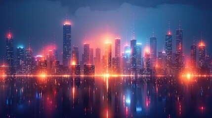 Fototapeta premium Futuristic cityscape with glowing neon light effects depicting advanced technology and communication networks