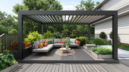 A modern deck renovation featuring a grey wood stain and vibrant outdoor sofas under a sleek metal pergola, creating a striking contrast with the soft landscaping around it.