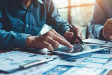 Financial analysts analyze business financial reports on a digital tablet planning investment project during a discussion at a meeting of corporate showing the results of their successful teamwork.