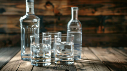 Bottle of vodka and glasses on a wooden table