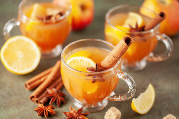 Homemade Wassail Mulled Apple Cider with Lemon and Spices in glasses. Winter alcoholic hot drink.