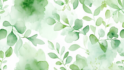 An abstract background featuring delicate green watercolor foliage, with soft leaves and branches creating a serene and natural atmosphere.