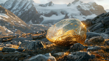 Golden Boulder in Mountain Landscape.