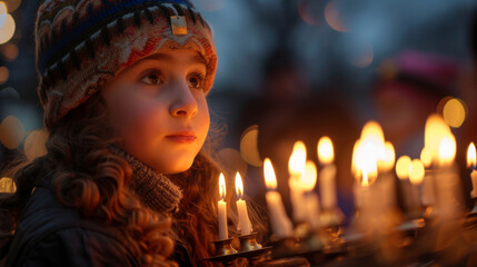 A child in warm clothing gazing at candles during a night vigil, with soft glowing lights in the background.