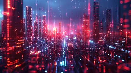 Fototapeta premium Futuristic cityscape with glowing neon light effects depicting advanced technology and communication networks
