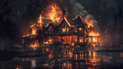Obraz premium House burning down during the night