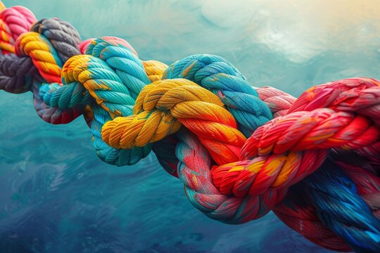 Experience the essence of teamwork and partnership in this captivating image, where a group of vibrant ropes intertwine harmoniously to shape a bold direction arrow