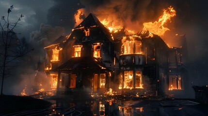 Fototapeta premium House burning down during the night