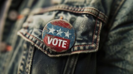 Vintage Voting Button on Distressed Denim Jacket