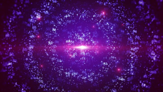 Video Games Purple Background. Radial Pattern of Gamepads and Particles. Looped video.