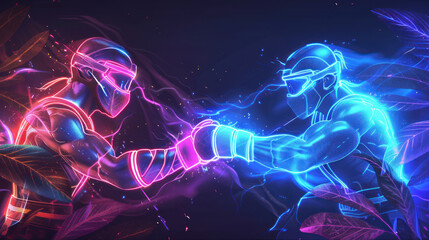 Neon-style VS screen design. Two fighters announcement. Blue VS leaves. Competition or martial battle. Vector illustration.