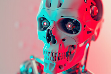 Closeup of a Robotic Skull with Red Eyes.