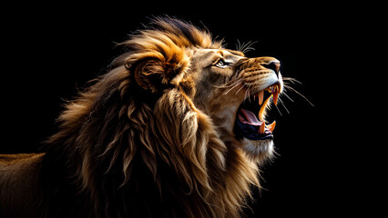 Naklejka premium A majestic lion roaring, its profile highlighted against a completely black background.