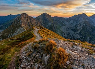 Wonderful mountains with a hiking trail on the ridge. Picturesque places in Tatra Mountains in...