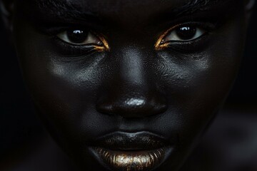 Closeup of a person's face with mesmerizing eyes accentuated by golden makeup