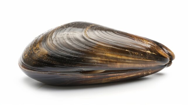In a studio setting, a solitary black mussel shell rests on a white background