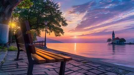 Fototapeta premium A calming bench near a tranquil church with a view of the sea