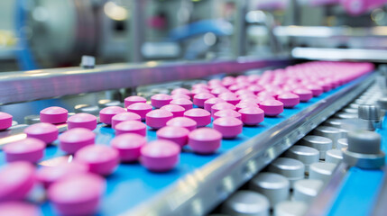 Fototapeta premium Pills being made in a modern factory. The pills are pink and are seen close-up during the manufacturing and packaging process.