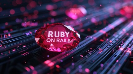 Ruby stone placed on a rail track, symbolizing the Ruby on Rails programming language. This concept image visually represents the powerful and efficient framework used in web development.